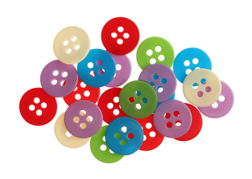 Photo of Many colorful sewing buttons on white background, top view