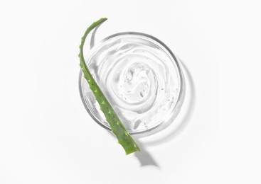 Photo of Petri dish with aloe plant and cosmetic product on white background, top view