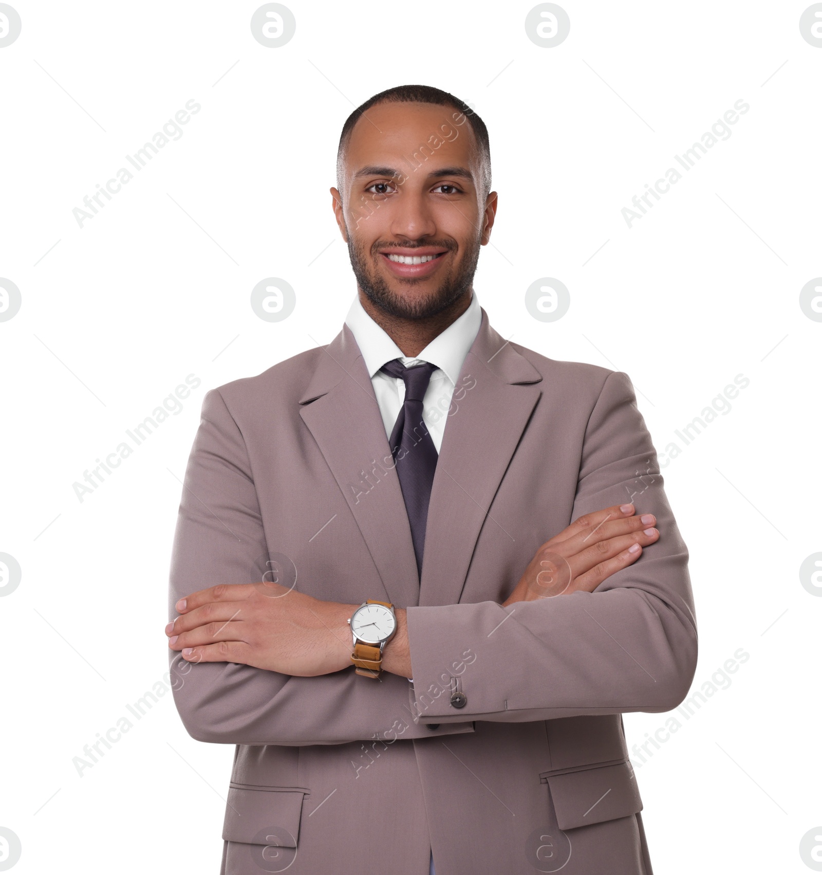 Photo of Portrait of happy man with crossed arms on white background. Lawyer, businessman, accountant or manager