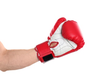 Photo of Man in boxing glove on white background, closeup
