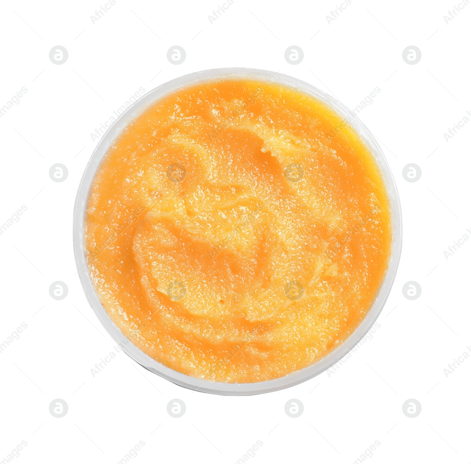 Photo of Container with natural scrub on white background, top view