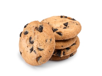 Delicious chocolate chip cookies on white background