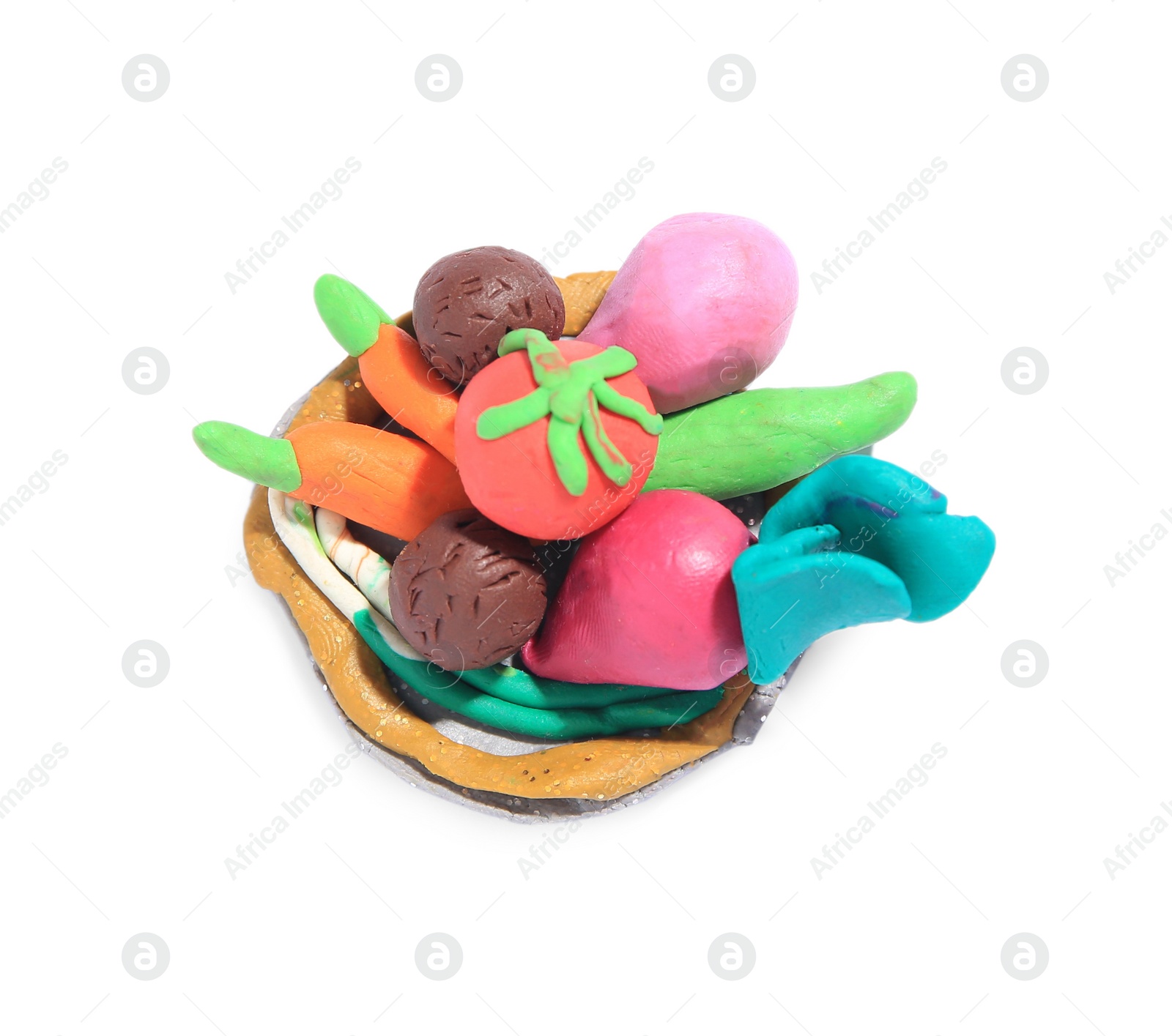 Photo of Different plasticine vegetables isolated on white. Children's handmade ideas