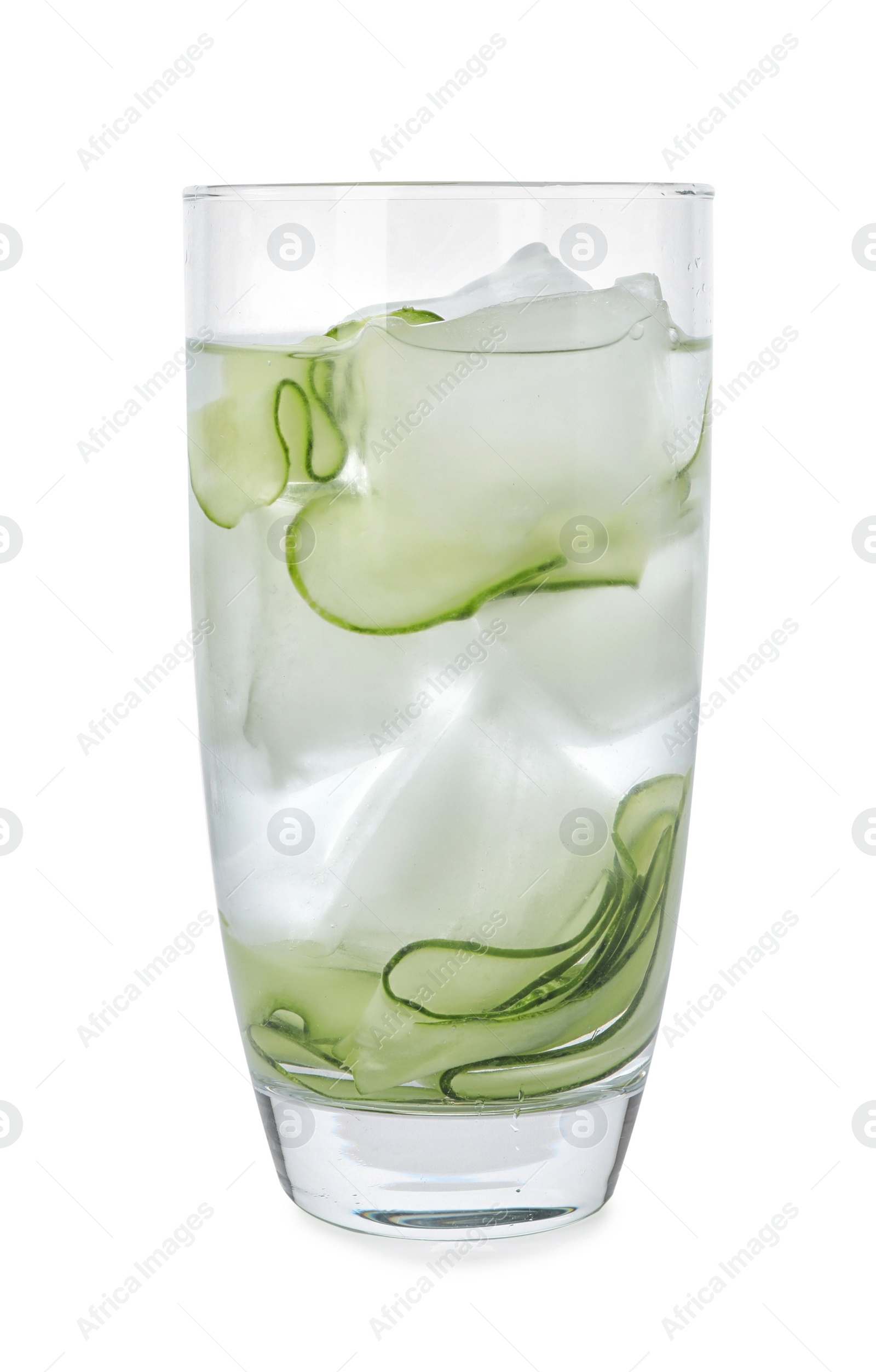 Photo of Glass of refreshing drink with cucumber slices on white background