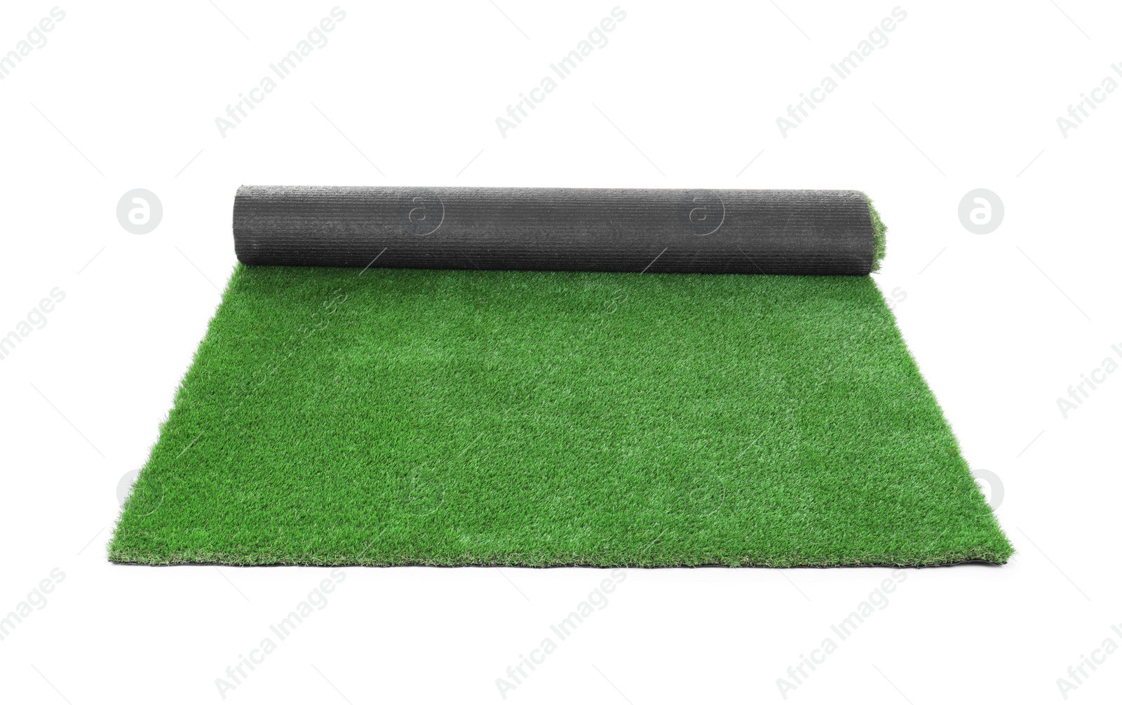 Photo of Rolled artificial grass carpet on white background. Exterior element