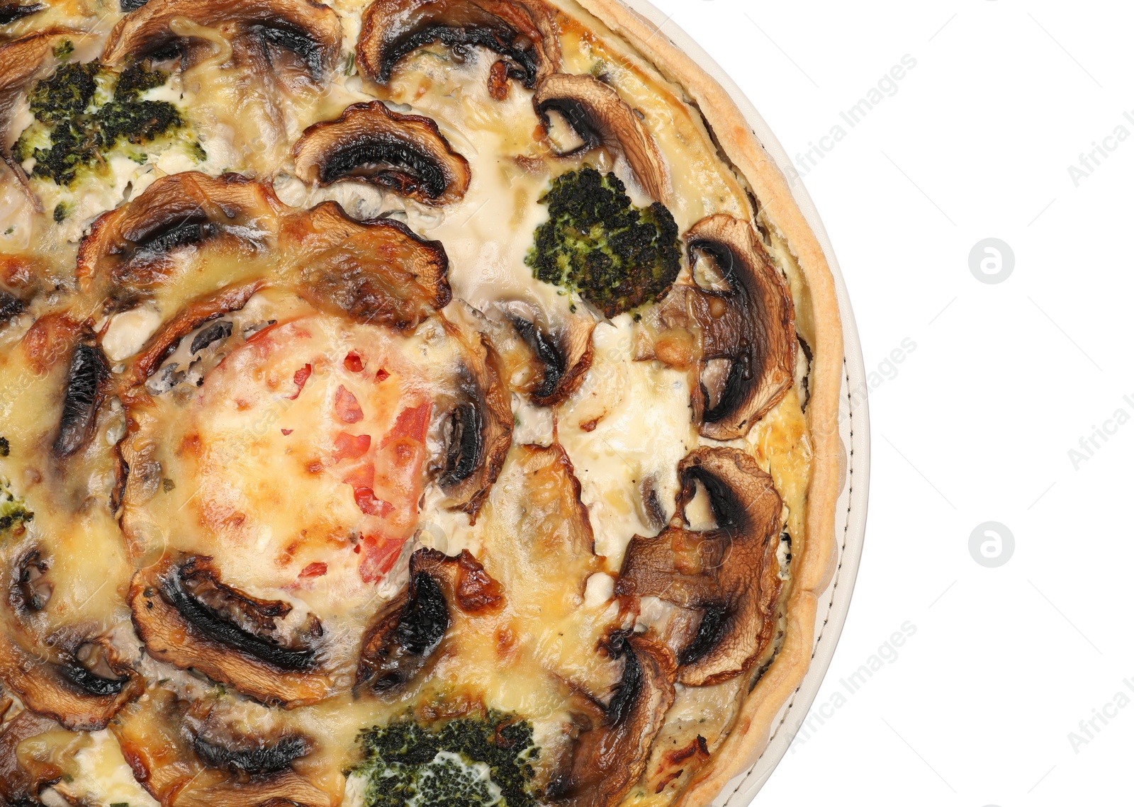 Photo of Delicious quiche with mushrooms isolated on white, top view