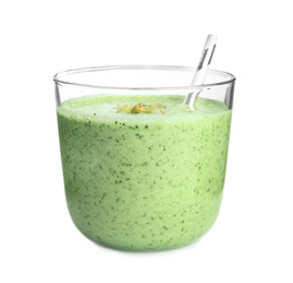 Glass of green buckwheat smoothie isolated on white