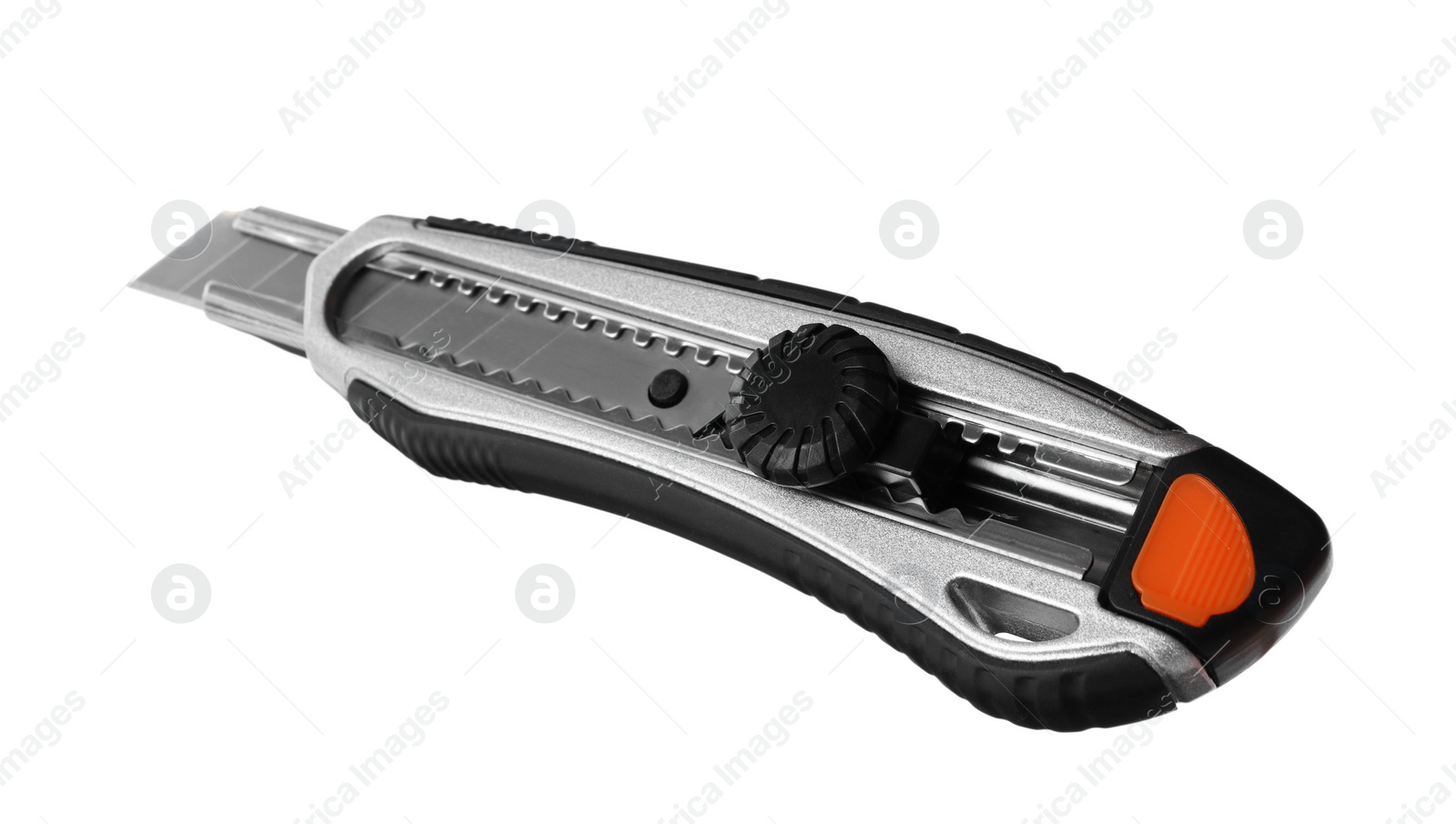 Photo of Grey utility knife isolated on white. Construction tool