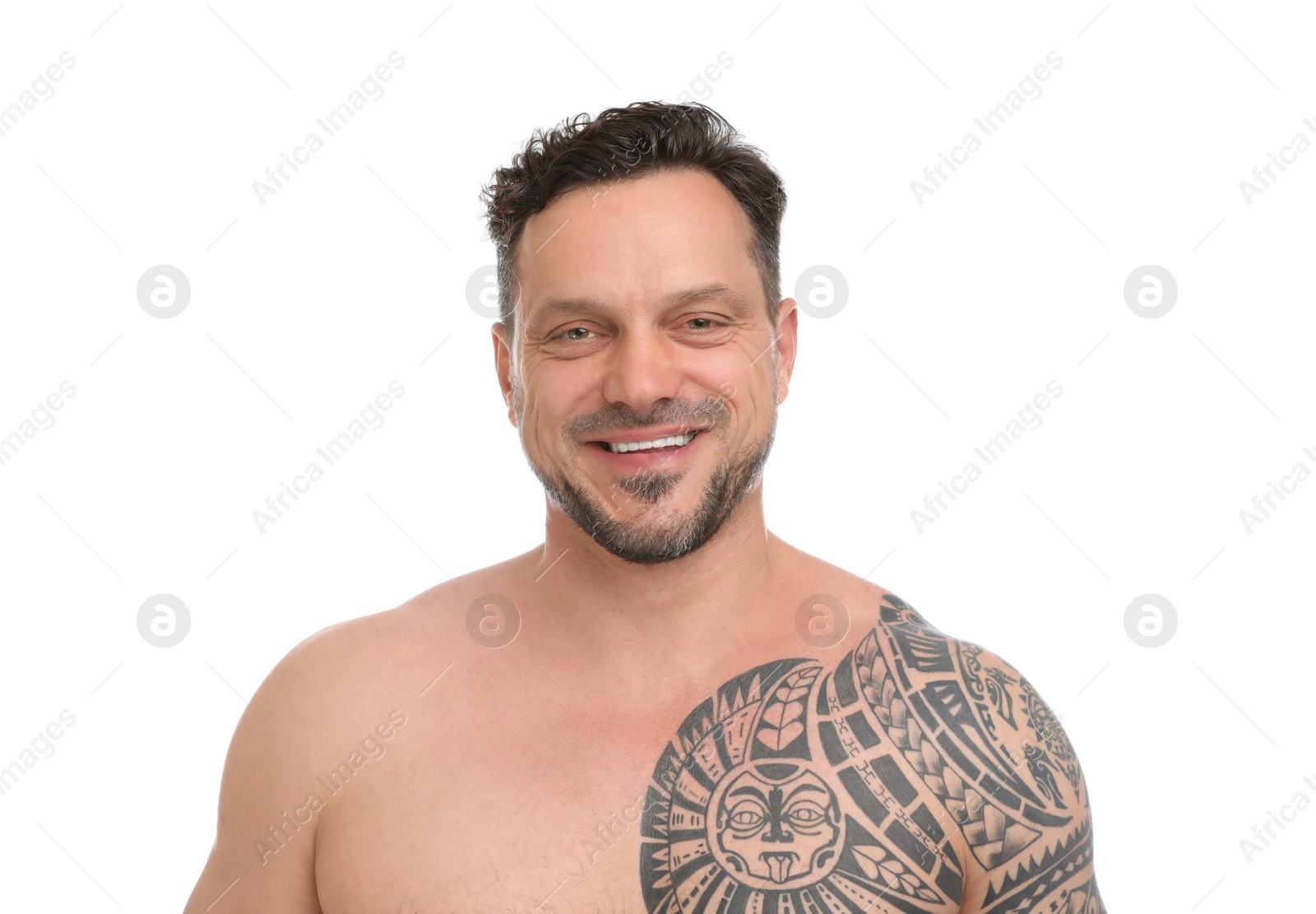 Photo of Portrait of shirtless man on white background