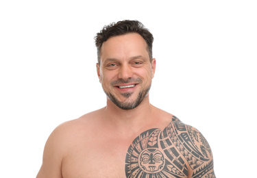 Portrait of shirtless man on white background