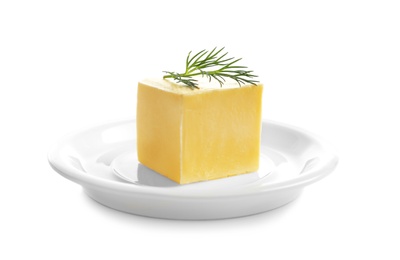 Photo of Plate with fresh butter isolated on white