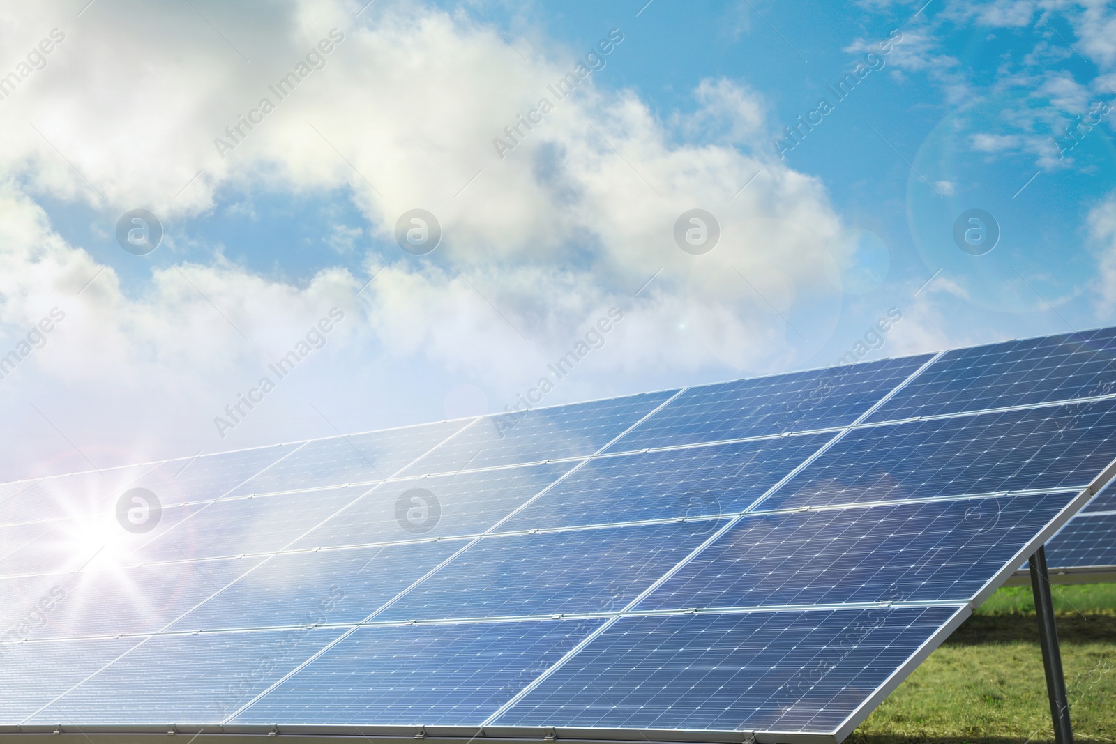 Image of Solar panels outdoors on sunny day. Alternative energy source