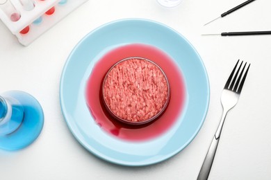 Photo of Minced cultured meat served on white lab table, flat lay