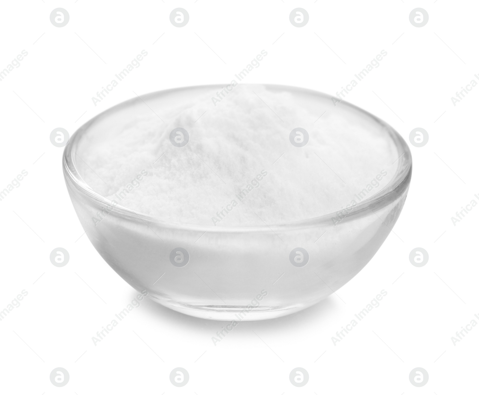 Photo of Bowl with baking soda on white background