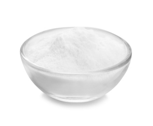 Photo of Bowl with baking soda on white background