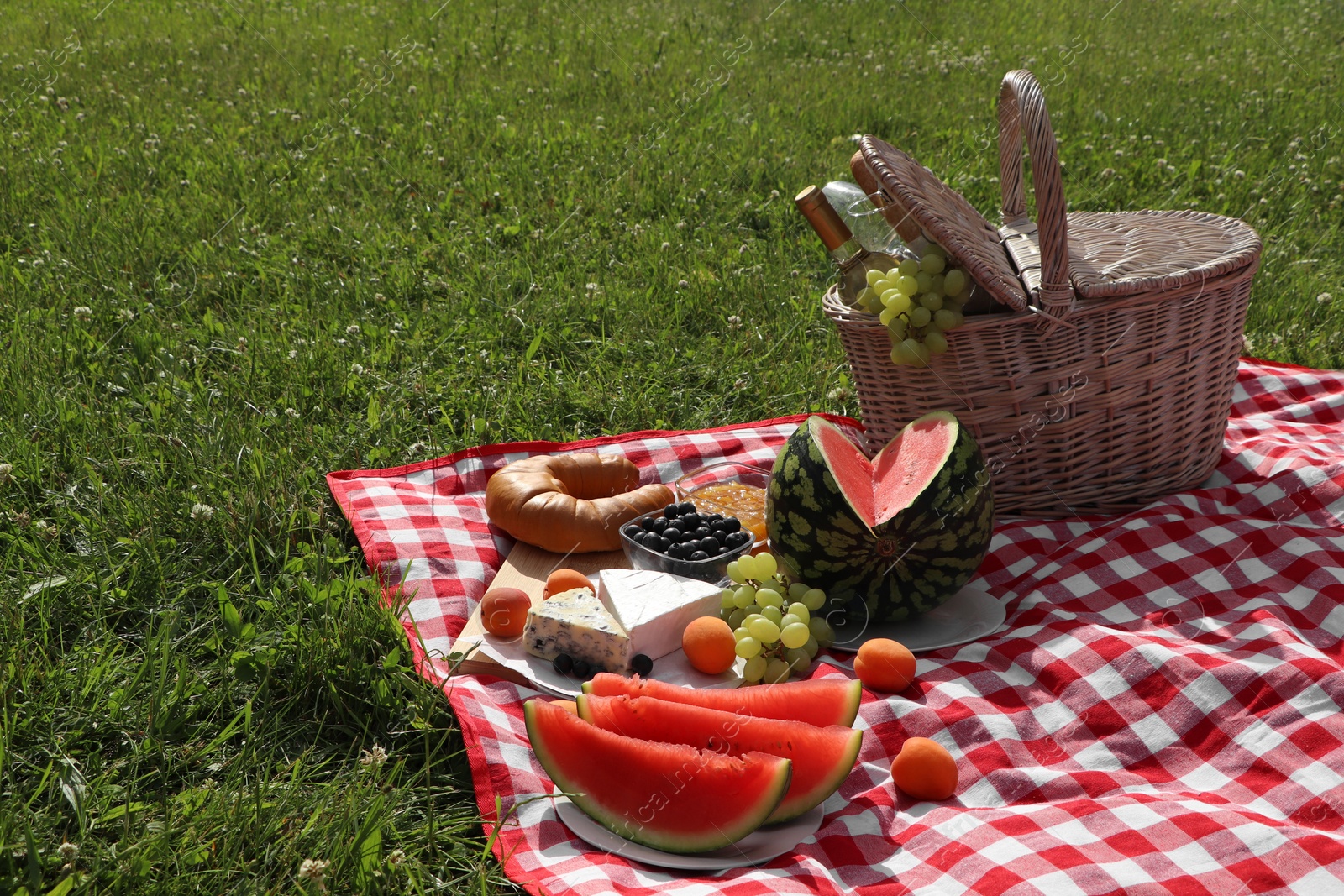 Photo of Picnic blanket with delicious food and wine outdoors on summer day, space for text