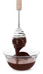 Photo of Chocolate cream flowing from whisk into bowl on white background