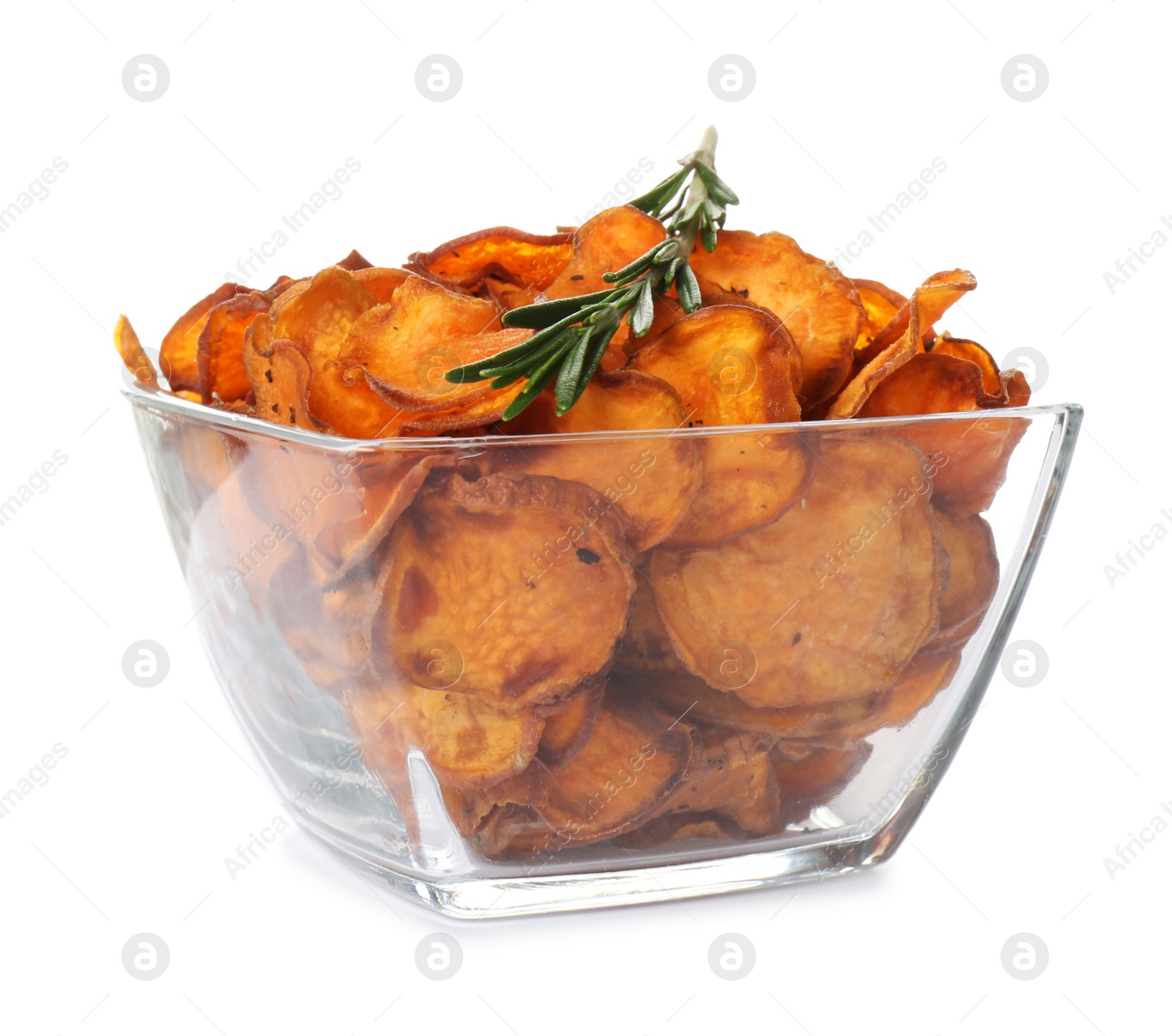 Photo of Bowl of sweet potato chips with rosemary isolated on white