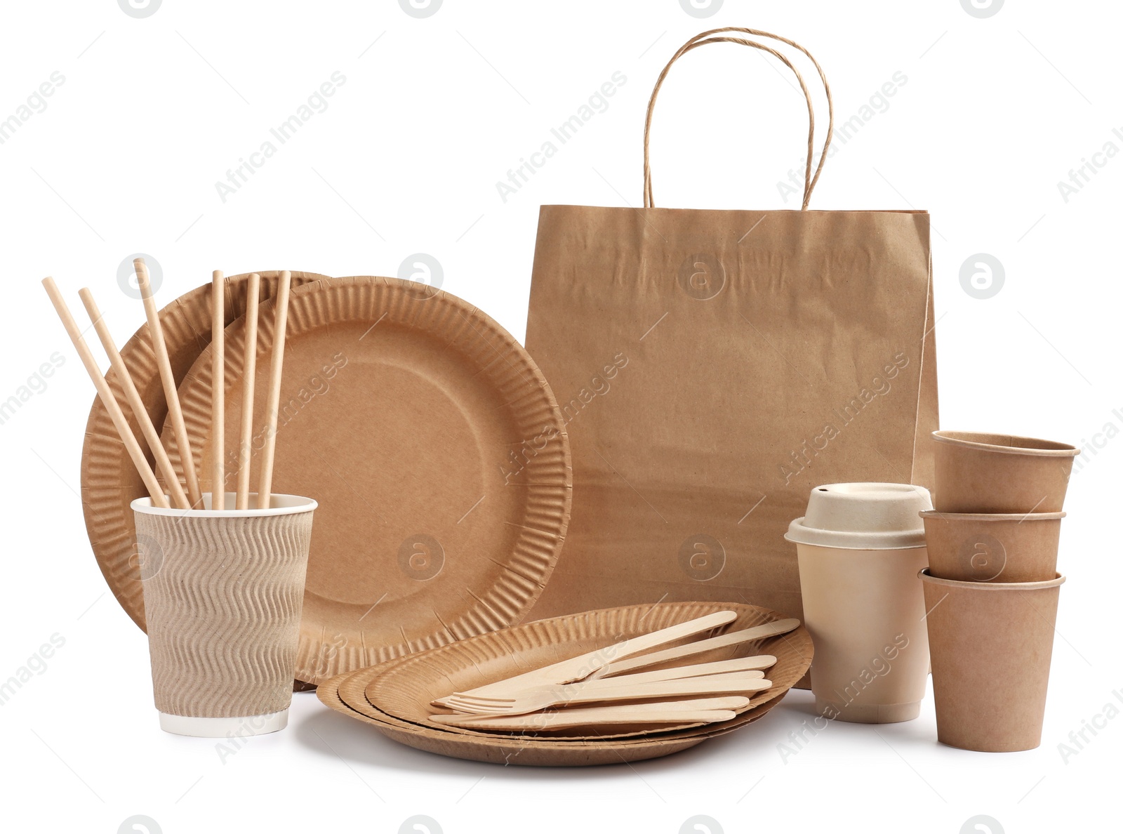 Photo of Set of disposable tableware on white background