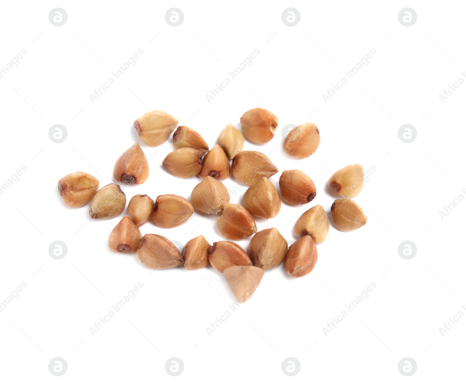 Photo of Uncooked buckwheat on white background. Healthy diet