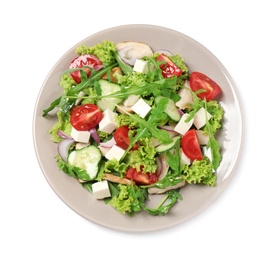 Photo of Delicious salad with meat, arugula and vegetables isolated on white, top view