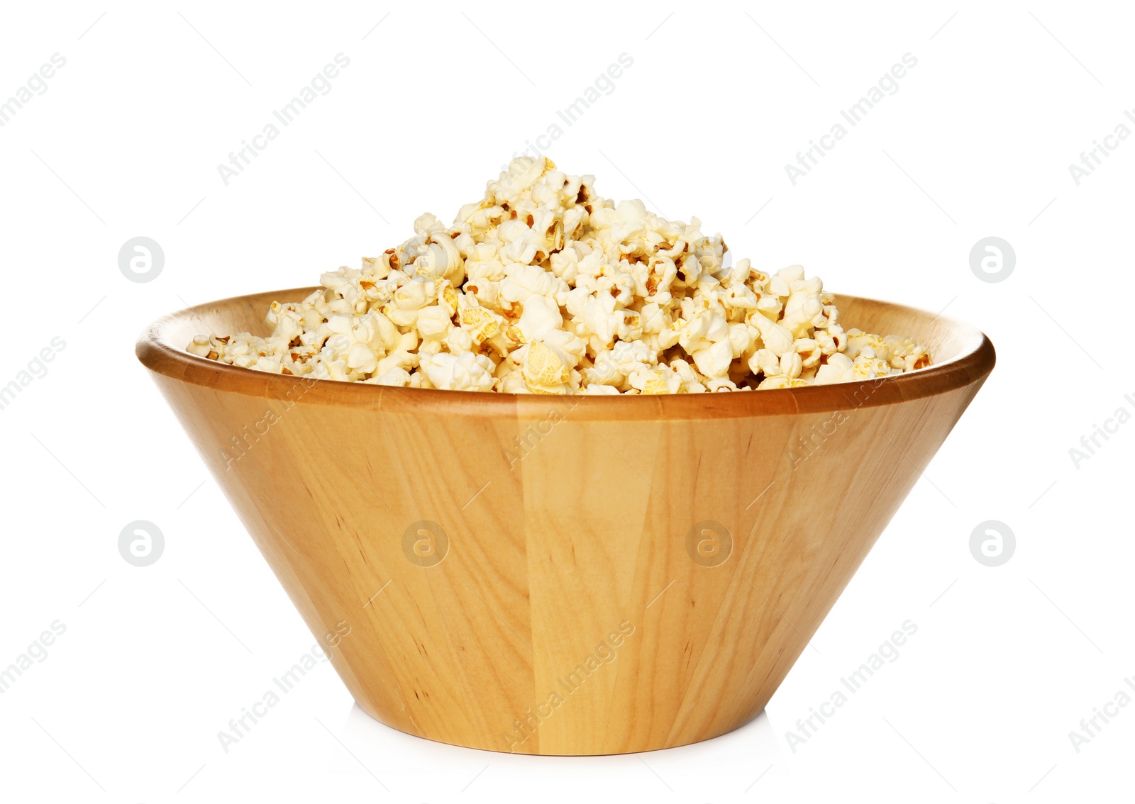 Photo of Bowl of tasty popcorn on white background