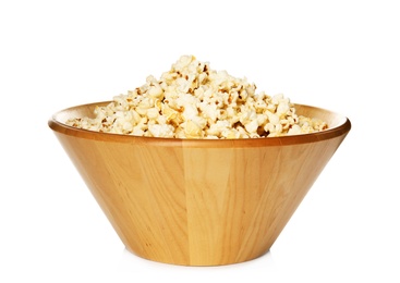 Photo of Bowl of tasty popcorn on white background
