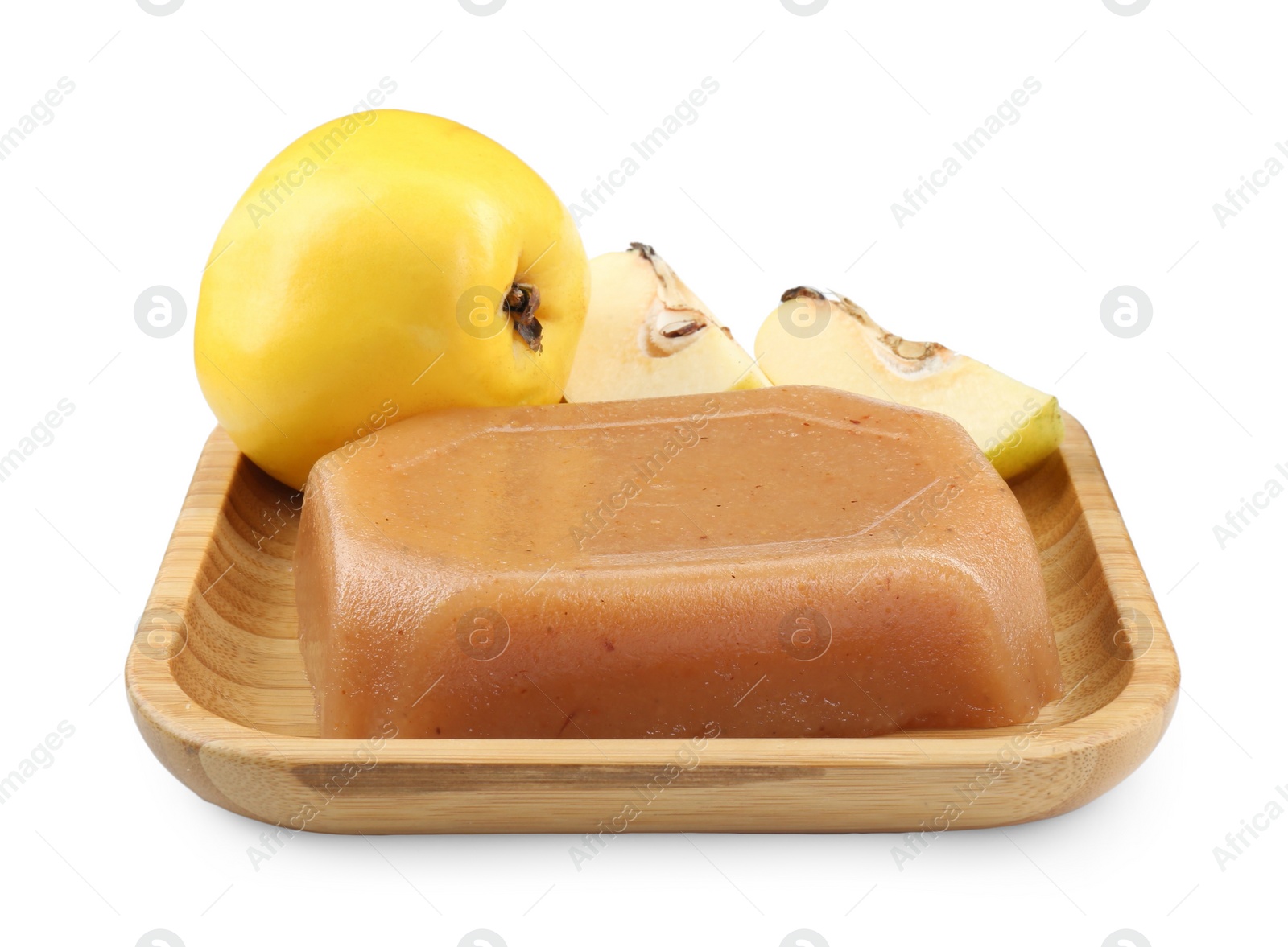 Photo of Delicious sweet quince paste and fresh fruits isolated on white