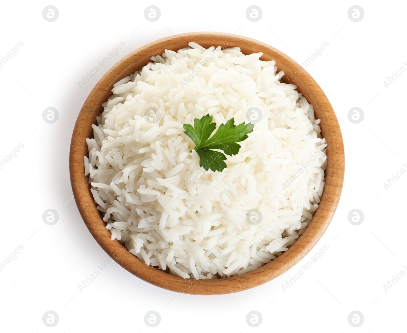 Photo of Bowl of tasty cooked rice with parsley on white background, top view