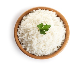 Photo of Bowl of tasty cooked rice with parsley on white background, top view