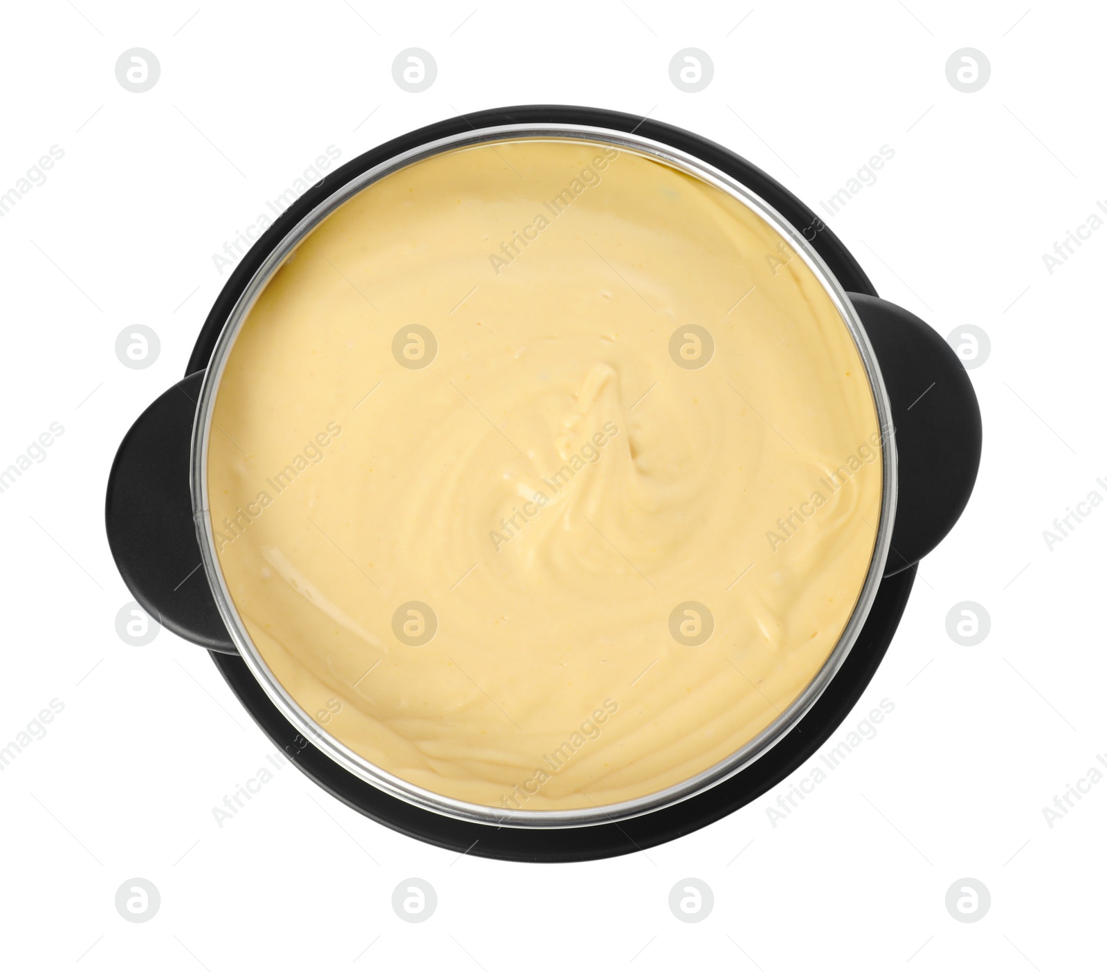 Photo of Fondue pot with tasty melted cheese isolated on white, top view