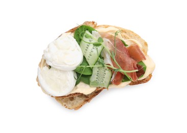 Tasty sandwich with burrata cheese, prosciutto and cucumber isolated on white, top view