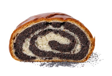 Photo of One piece of poppy seed roll isolated on white. Tasty cake