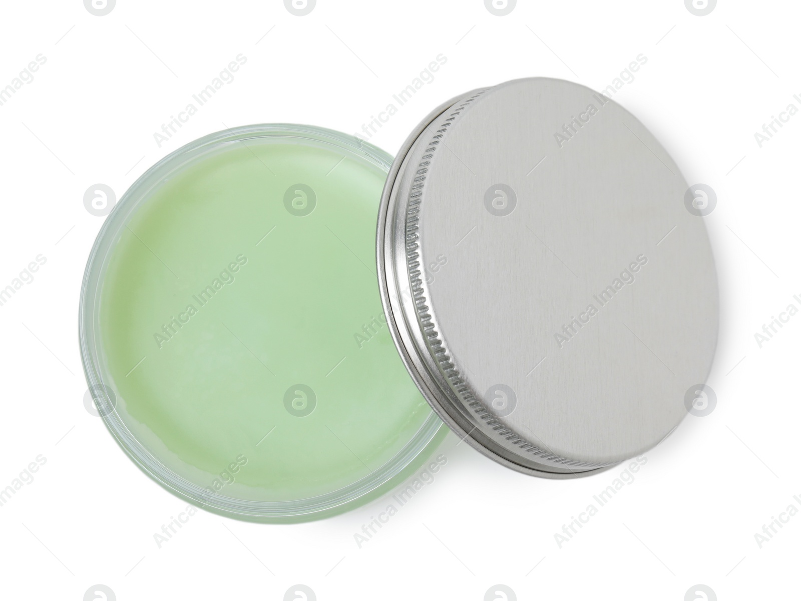 Photo of Jar of petroleum jelly on white background, top view