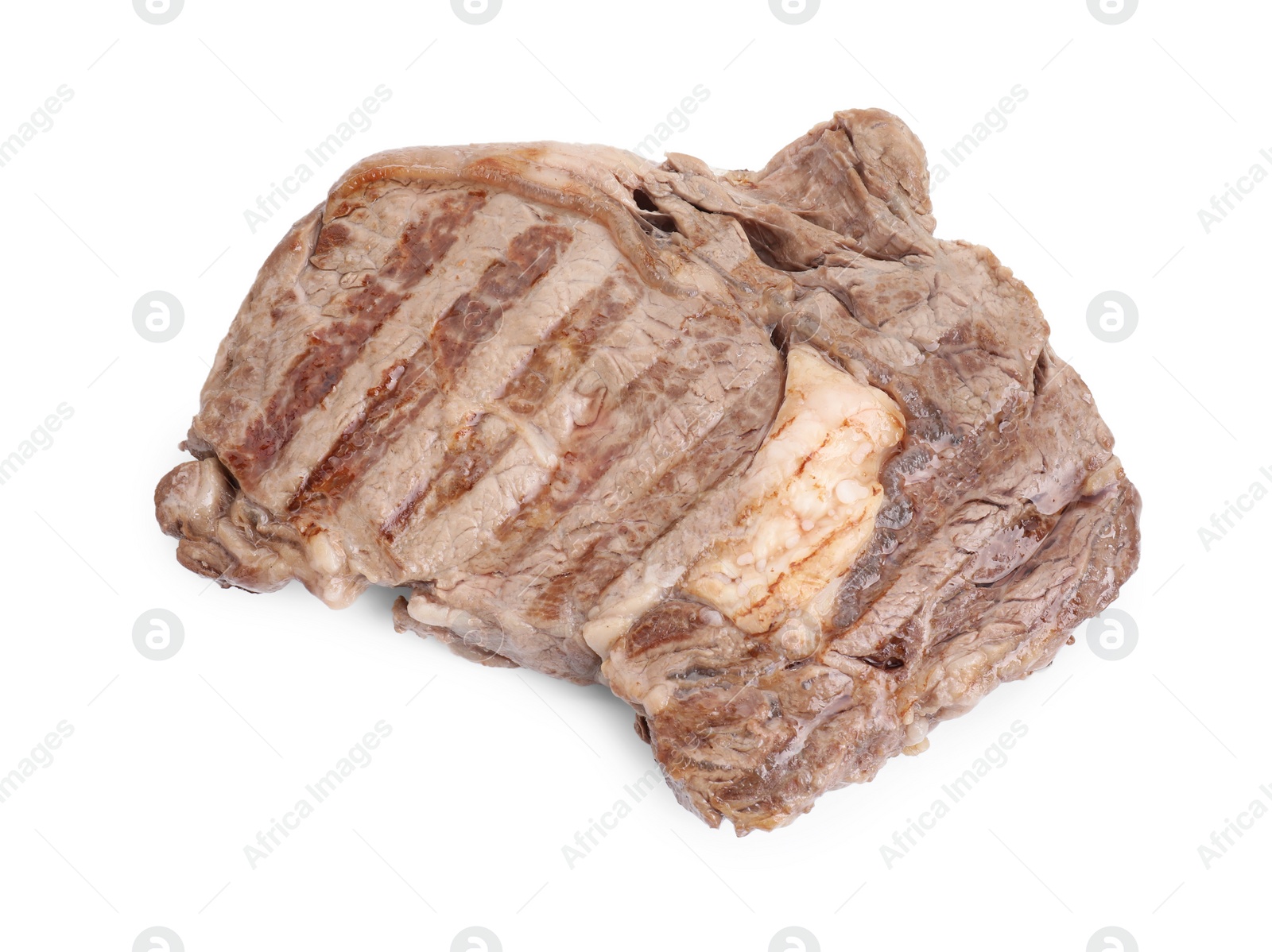 Photo of Piece of delicious grilled beef meat isolated on white, above view