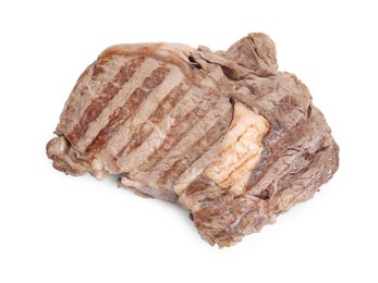 Piece of delicious grilled beef meat isolated on white, above view