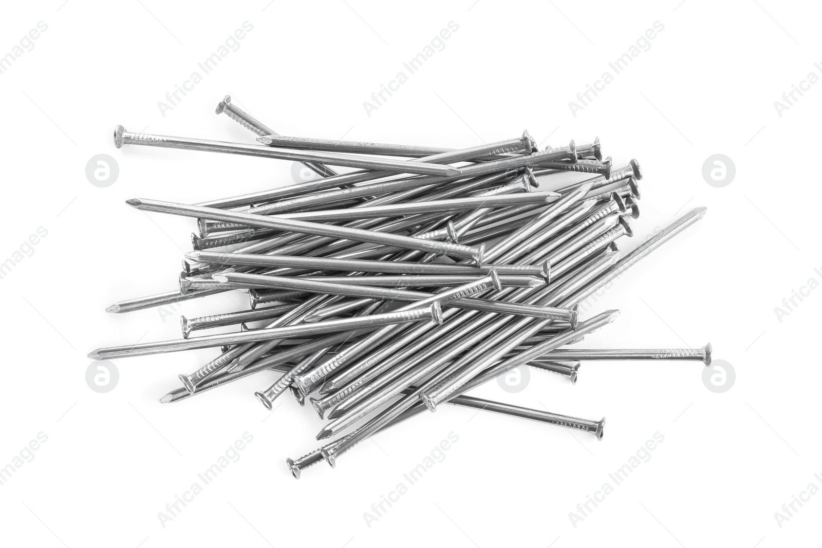 Photo of Pile of metal nails on white background, top view