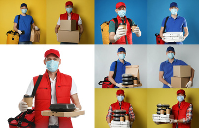 Collage with photos of courier in protective mask holding orders and boxes on color backgrounds. Delivery service during coronavirus quarantine