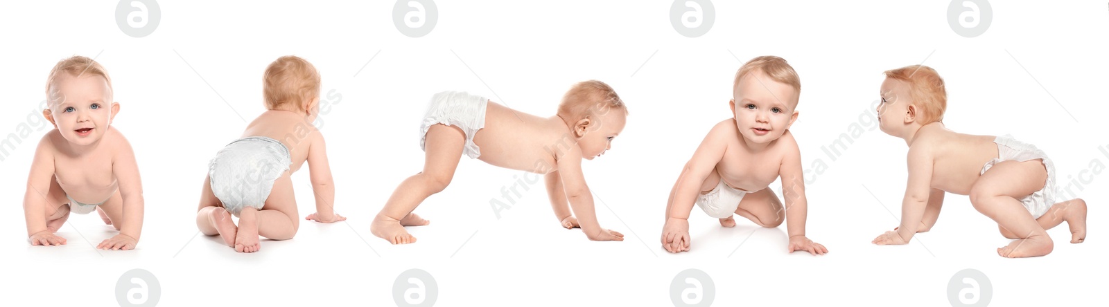 Image of Collage with photos of cute baby crawling on white background. Banner design