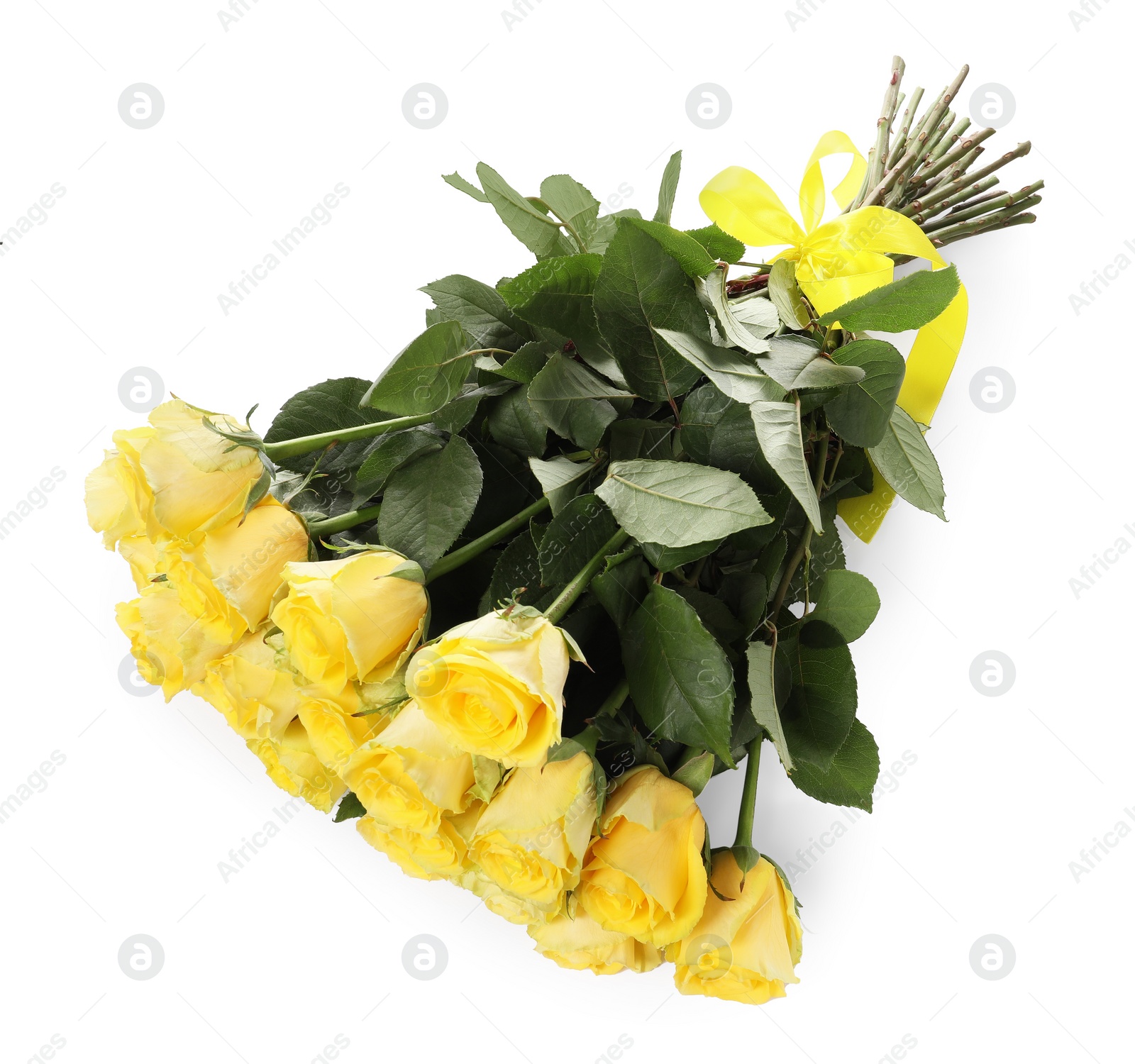 Photo of Beautiful bouquet of yellow roses with ribbon isolated on white, above view