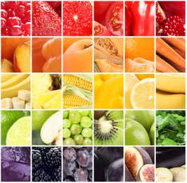 Image of Different fresh fruits, vegetables and berries, collage 