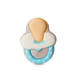 Photo of Tasty cookie in shape of pacifier isolated on white. Baby shower party