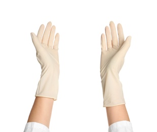 Photo of Doctor in medical gloves on white background