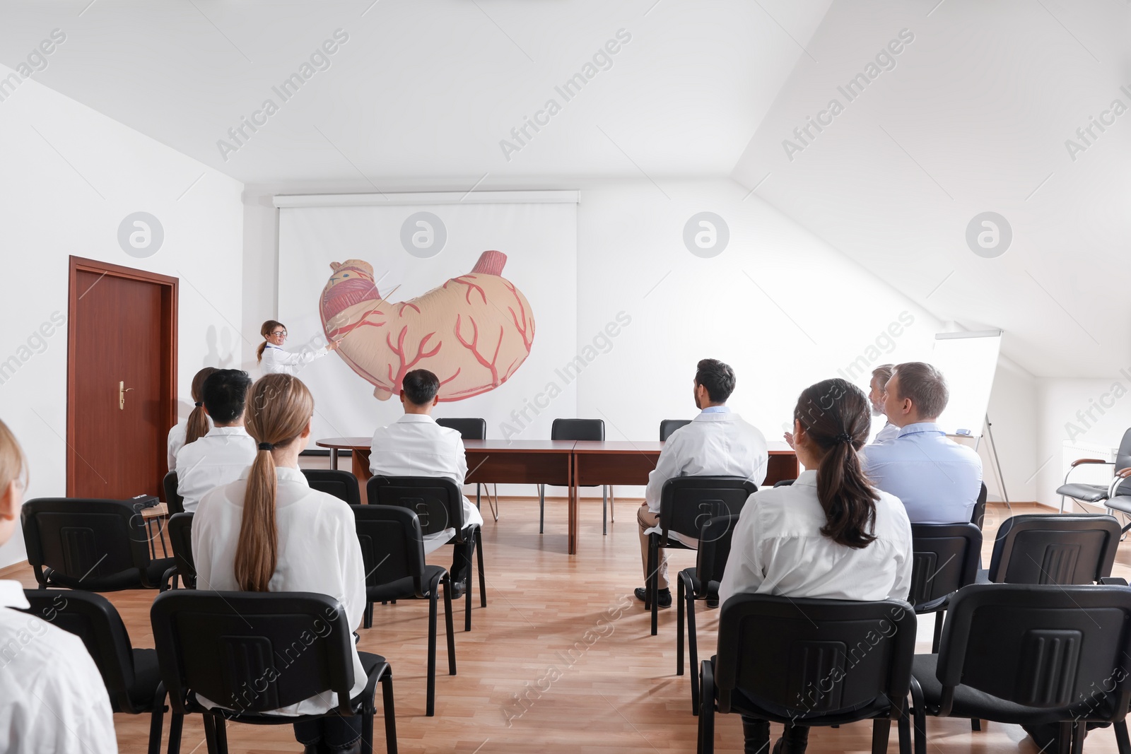 Image of Lecture in gastroenterology. Professors and doctors in conference room. Projection screen with illustration of stomach