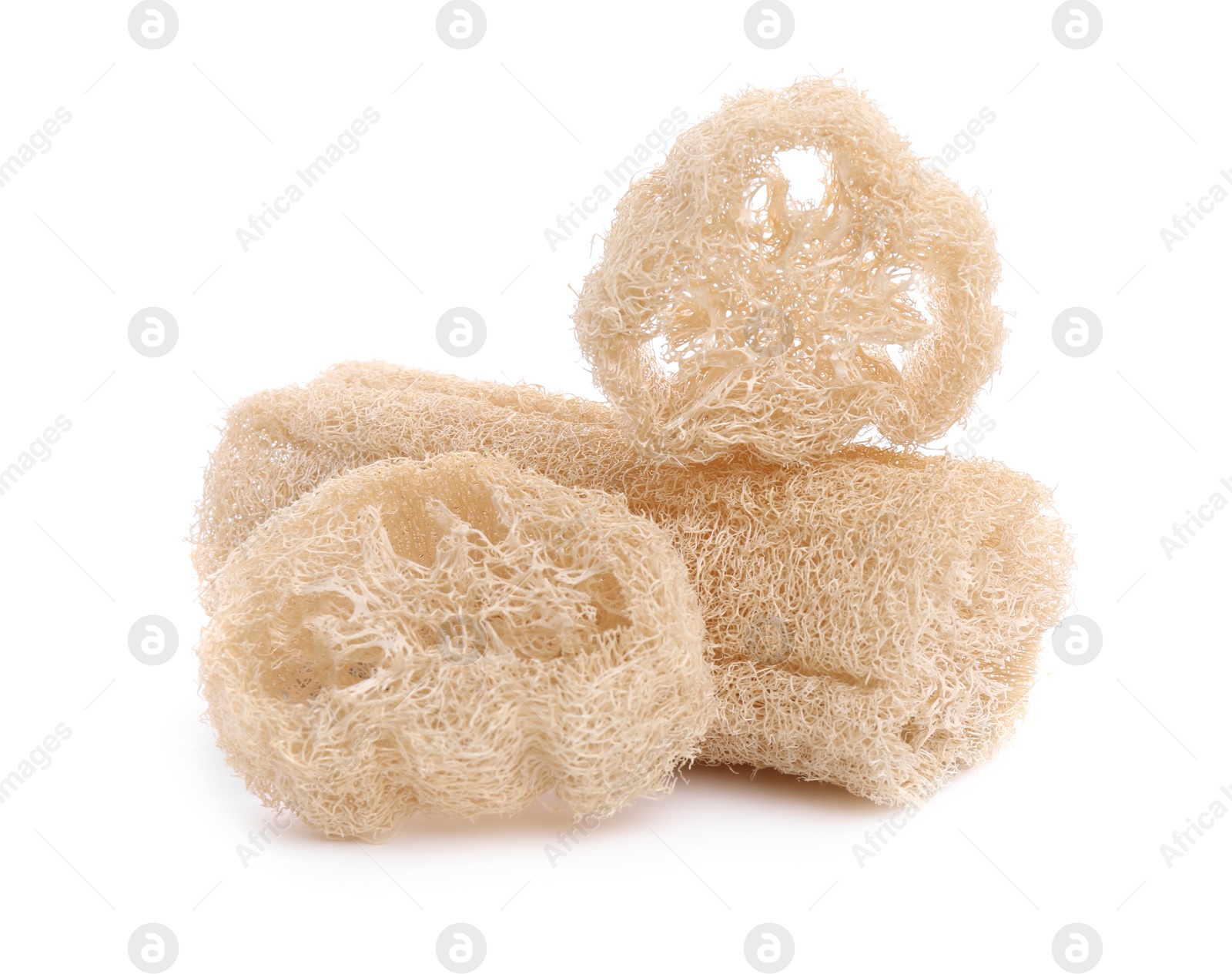 Photo of Loofah sponges isolated on white. Personal hygiene product