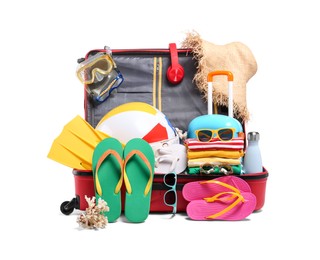 Suitcase, headphones and different beach accessories isolated on white
