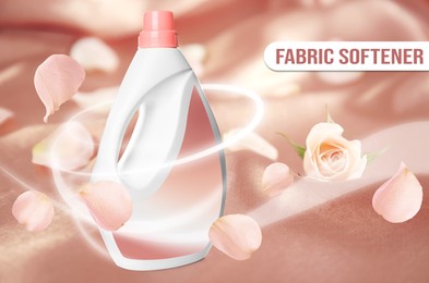 Image of Fabric softener advertising design. Rose petals flying around bottle of conditioner on color background