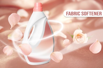 Fabric softener advertising design. Rose petals flying around bottle of conditioner on color background