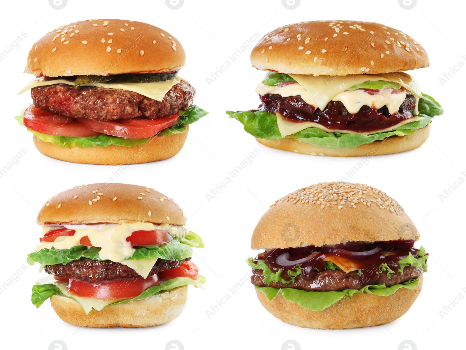 Image of Burgers with delicious patties isolated on white, set