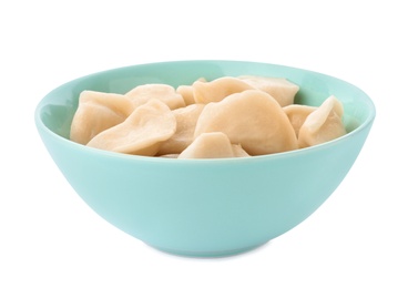 Delicious cooked dumplings in bowl on white background